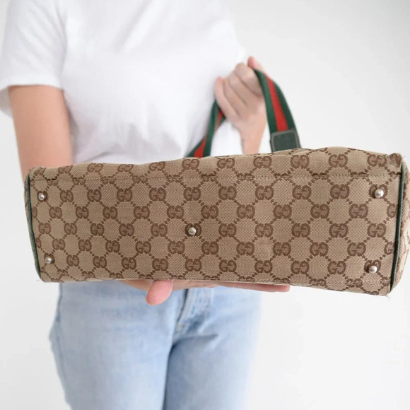 GUCCI Beige & Green GG Sherry Canvas Web Handle Tote Purse Bag - Picture 6 of 17